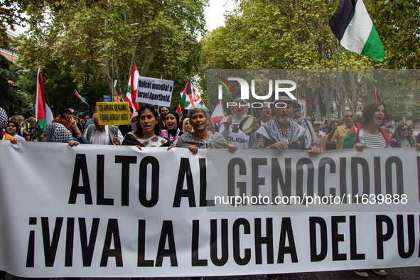 About 30,000 people with Palestinian and Lebanese flags walk the streets of Madrid, Spain, on October 5, 2024, to protest Israel's attacks o...