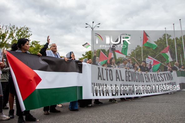 About 30,000 people with Palestinian and Lebanese flags walk the streets of Madrid, Spain, on October 5, 2024, to protest Israel's attacks o...