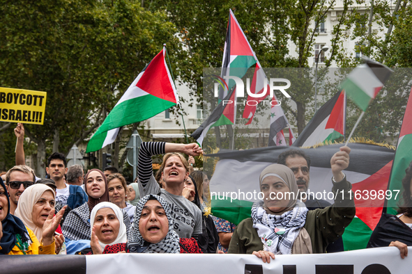 About 30,000 people with Palestinian and Lebanese flags walk the streets of Madrid, Spain, on October 5, 2024, to protest Israel's attacks o...