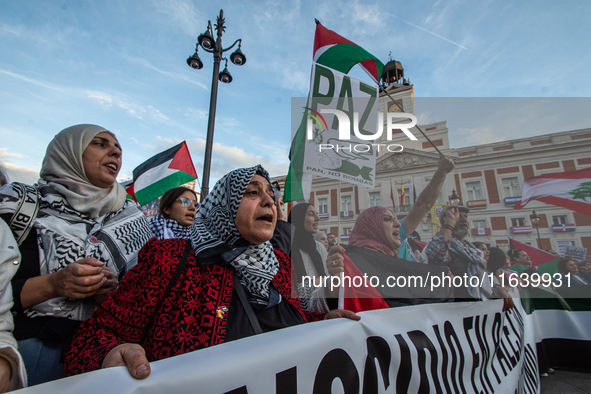 About 30,000 people with Palestinian and Lebanese flags walk the streets of Madrid, Spain, on October 5, 2024, to protest Israel's attacks o...