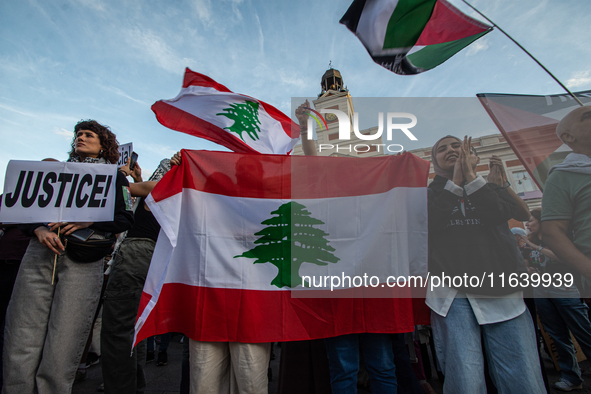 About 30,000 people with Palestinian and Lebanese flags walk the streets of Madrid, Spain, on October 5, 2024, to protest Israel's attacks o...