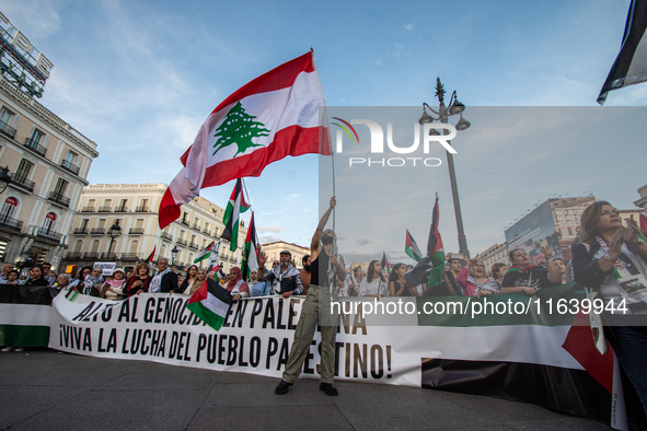 About 30,000 people with Palestinian and Lebanese flags walk the streets of Madrid, Spain, on October 5, 2024, to protest Israel's attacks o...