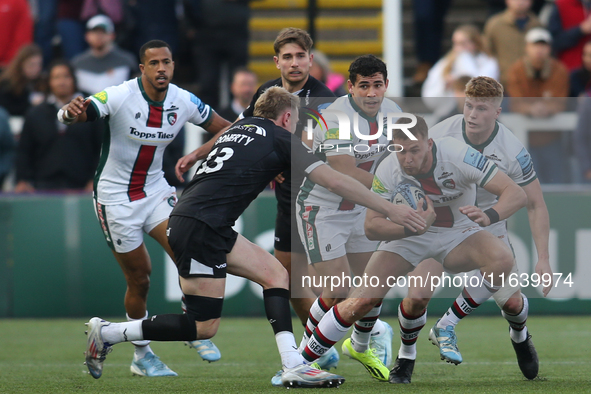 Leicester Tigers' Freddie Steward takes on Newcastle Falcons' Connor Doherty during the Gallagher Premiership match between Newcastle Falcon...