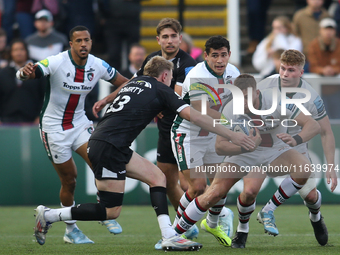 Leicester Tigers' Freddie Steward takes on Newcastle Falcons' Connor Doherty during the Gallagher Premiership match between Newcastle Falcon...