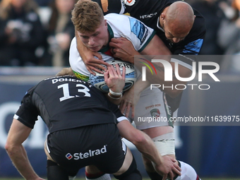 Leicester Tigers' Joseph Woodward is double tackled during the Gallagher Premiership match between Newcastle Falcons and Leicester Tigers at...