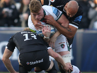 Leicester Tigers' Joseph Woodward is double tackled during the Gallagher Premiership match between Newcastle Falcons and Leicester Tigers at...