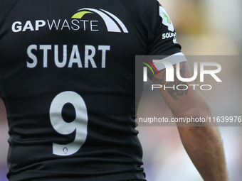 A tattoo is on the right arm of Newcastle Falcons' Sam Stuart during the Gallagher Premiership match between Newcastle Falcons and Leicester...