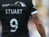 A tattoo is on the right arm of Newcastle Falcons' Sam Stuart during the Gallagher Premiership match between Newcastle Falcons and Leicester...