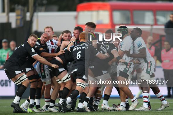 A scrum stands up during the Gallagher Premiership match between Newcastle Falcons and Leicester Tigers at Kingston Park in Newcastle, Engla...