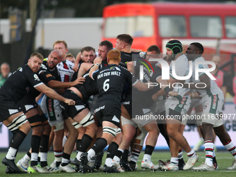 A scrum stands up during the Gallagher Premiership match between Newcastle Falcons and Leicester Tigers at Kingston Park in Newcastle, Engla...