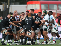 A scrum stands up during the Gallagher Premiership match between Newcastle Falcons and Leicester Tigers at Kingston Park in Newcastle, Engla...