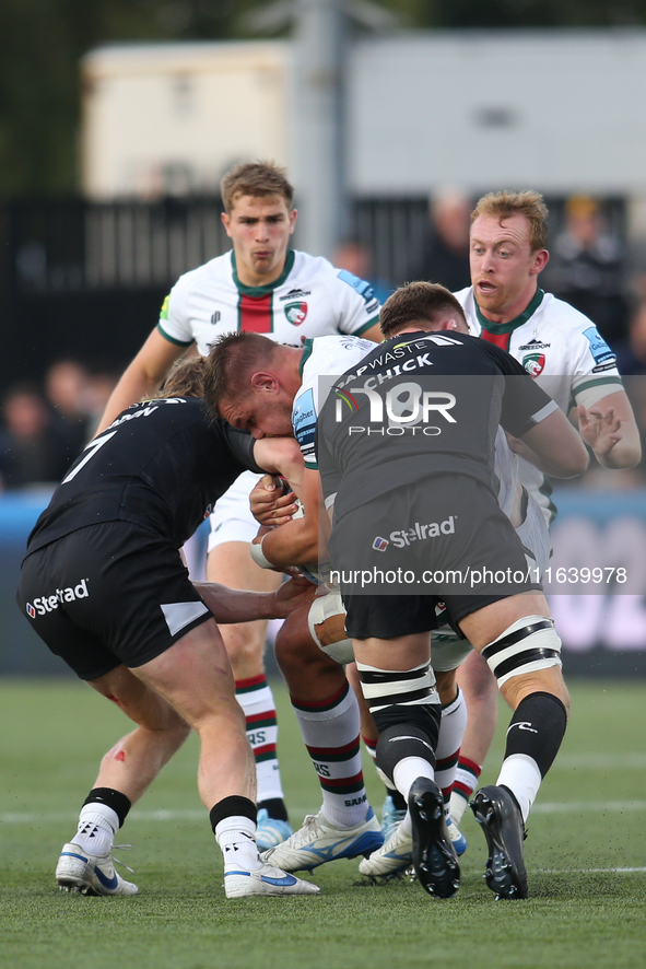 Leicester Tigers' Hanro Liebenberg is tackled during the Gallagher Premiership match between Newcastle Falcons and Leicester Tigers at Kings...