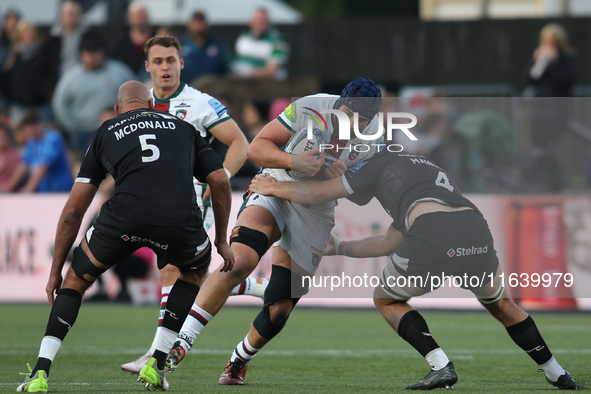 John Hawkins of Newcastle Falcons tackles George Martin of Leicester Tigers during the Gallagher Premiership match between Newcastle Falcons...