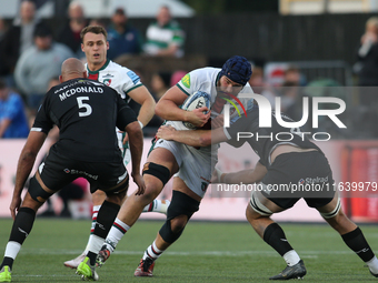 John Hawkins of Newcastle Falcons tackles George Martin of Leicester Tigers during the Gallagher Premiership match between Newcastle Falcons...