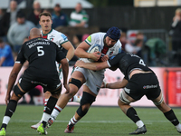 John Hawkins of Newcastle Falcons tackles George Martin of Leicester Tigers during the Gallagher Premiership match between Newcastle Falcons...