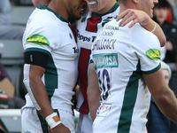 Leicester Tiger's Jack van Poortvliet congratulates Leicester Tiger's Anthony Watson on his try during the Gallagher Premiership match betwe...