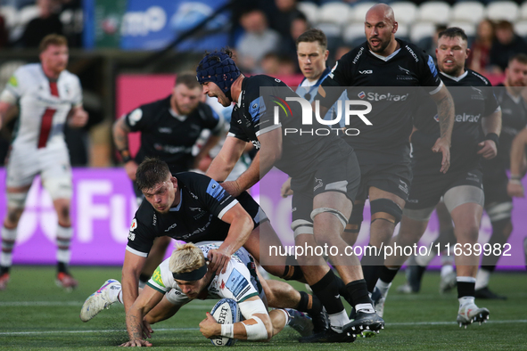 Leicester Tigers' Ollie Hassell-Collins is tackled during the Gallagher Premiership match between Newcastle Falcons and Leicester Tigers at...