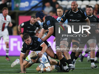 Leicester Tigers' Ollie Hassell-Collins is tackled during the Gallagher Premiership match between Newcastle Falcons and Leicester Tigers at...