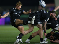 Sam Stuart of Newcastle Falcons makes a box kick during the Gallagher Premiership match between Newcastle Falcons and Leicester Tigers at Ki...