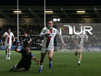 Leicester Tigers' Will Wand breaks away to score during the Gallagher Premiership match between Newcastle Falcons and Leicester Tigers at Ki...