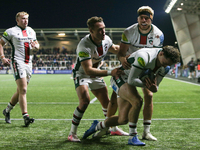 Leicester Tigers players embrace Leicester Tigers' Will Wand after his try during the Gallagher Premiership match between Newcastle Falcons...