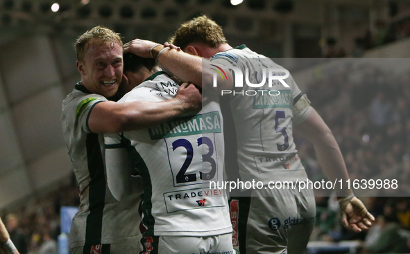 Leicester Tigers' Tommy Reffell embraces Leicester Tigers' Will Wand during the Gallagher Premiership match between Newcastle Falcons and Le...