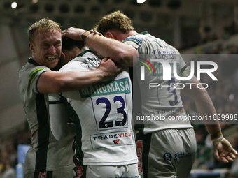 Leicester Tigers' Tommy Reffell embraces Leicester Tigers' Will Wand during the Gallagher Premiership match between Newcastle Falcons and Le...