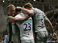 Leicester Tigers' Tommy Reffell embraces Leicester Tigers' Will Wand during the Gallagher Premiership match between Newcastle Falcons and Le...