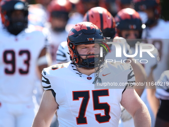 Princeton Tigers players come out on the field before the start of the NCAA football game against the Columbia Lions at Robert K. Kraft Fiel...