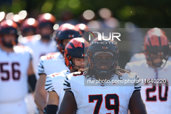 Princeton Tigers players come out on the field before the start of the NCAA football game against the Columbia Lions at Robert K. Kraft Fiel...