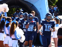 Columbia Lions players head out onto the field before the start of the NCAA football game against the Princeton Tigers at Robert K. Kraft Fi...