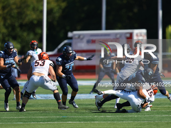 Princeton Tigers quarterback Blaine Hipa #15 is taken down by Columbia Lions defensive lineman Justin Townsend #36 during action in the NCAA...