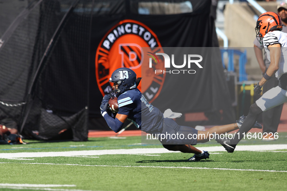 Columbia Lions wide receiver Edan Stagg #13 makes the catch during the NCAA football game against the Princeton Tigers at Robert K. Kraft Fi...