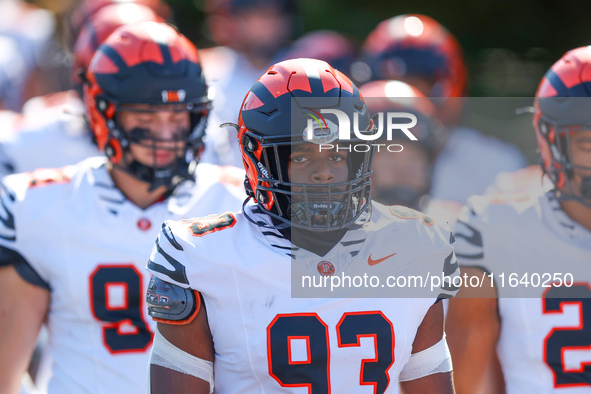 Princeton Tigers players come out on the field before the start of the NCAA football game against the Columbia Lions at Robert K. Kraft Fiel...