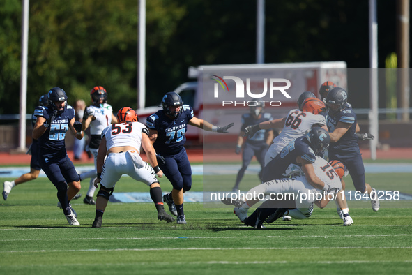 Princeton Tigers quarterback Blaine Hipa #15 is taken down by Columbia Lions defensive lineman Justin Townsend #36 during action in the NCAA...