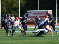 Princeton Tigers quarterback Blaine Hipa #15 is taken down by Columbia Lions defensive lineman Justin Townsend #36 during action in the NCAA...