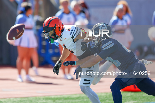 Princeton Tigers defensive back Casey Etienne Jr. #1 is overthrown in the end zone as Columbia Lions defensive back Carter McFadden #23 defe...