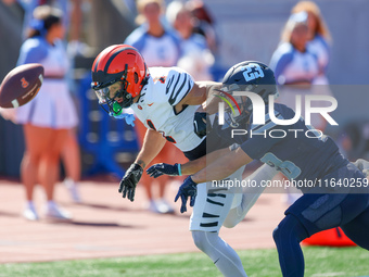 Princeton Tigers defensive back Casey Etienne Jr. #1 is overthrown in the end zone as Columbia Lions defensive back Carter McFadden #23 defe...