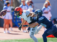 Princeton Tigers defensive back Casey Etienne Jr. #1 is overthrown in the end zone as Columbia Lions defensive back Carter McFadden #23 defe...