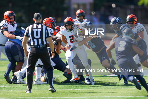 Princeton Tigers running back Ethan Clark #21 participates in the NCAA football game against the Columbia Lions at Robert K. Kraft Field at...