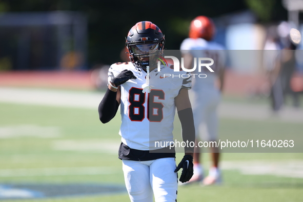 Princeton Tigers wide receiver AJ Barber #86 participates in the NCAA football game against the Columbia Lions at Robert K. Kraft Field at L...