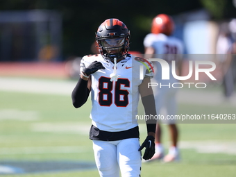 Princeton Tigers wide receiver AJ Barber #86 participates in the NCAA football game against the Columbia Lions at Robert K. Kraft Field at L...