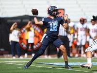 Columbia Lions quarterback Chase Goodwin #15 steps back to throw during the NCAA football game against the Princeton Tigers at Robert K. Kra...