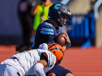 Columbia Lions quarterback Chase Goodwin #15 is hit by a defender as he goes in for a touchdown during the NCAA football game against the Pr...