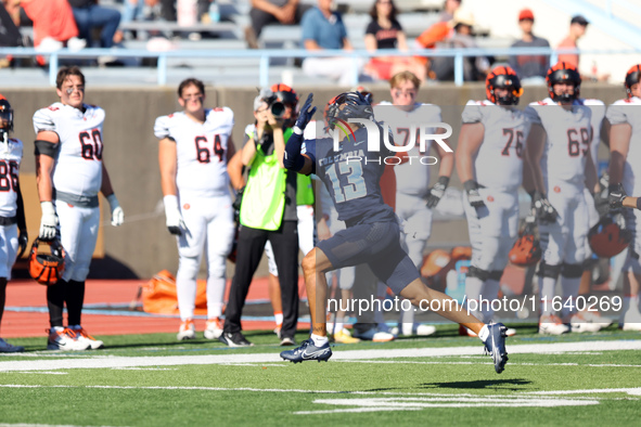 Columbia Lions wide receiver Edan Stagg #13 searches for the ball during the NCAA football game against the Princeton Tigers at Robert K. Kr...