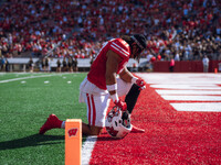 Wisconsin Badgers tight end Riley Nowakowski #37 takes a knee in the south end zone at Camp Randall Stadium in Madison, Wisconsin, on Octobe...