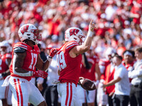 Wisconsin Badgers safety Cayson Pfeiffer #99 recovers a fumbled punt against the Purdue Boilermakers at Camp Randall Stadium in Madison, Wis...