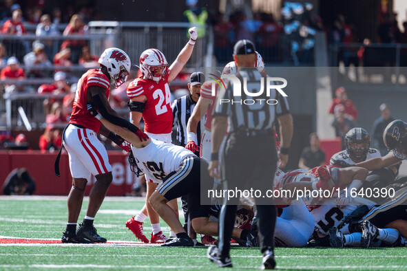 Wisconsin Badgers safety Hunter Wohler #24 celebrates a third down stop against the Purdue Boilermakers at Camp Randall Stadium in Madison,...