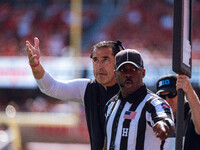 Wisconsin Badgers Head Coach Luke Fickell pleads his case against the Purdue Boilermakers at Camp Randall Stadium in Madison, Wisconsin, on...