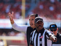 Wisconsin Badgers Head Coach Luke Fickell pleads his case against the Purdue Boilermakers at Camp Randall Stadium in Madison, Wisconsin, on...